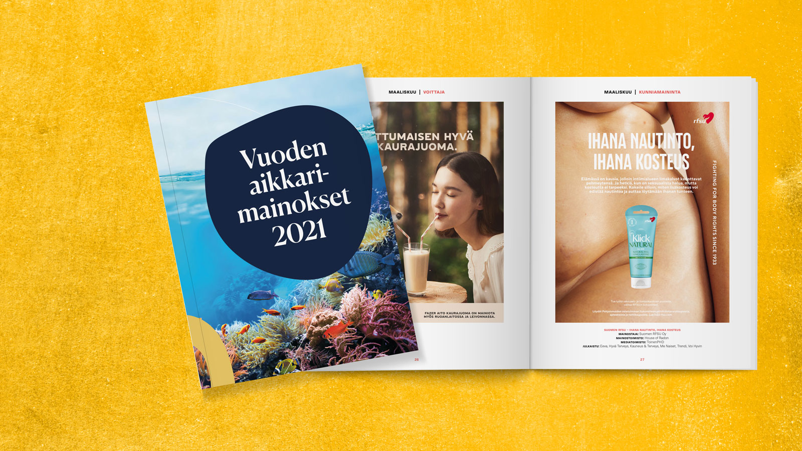 Vuoden aikkarimainokset 2021 -julkaisuja keltaisella taustalla.  